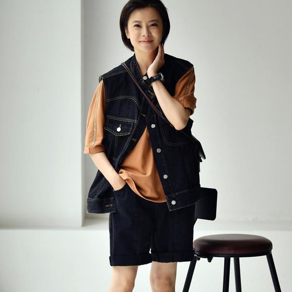 

women's vests micoco v8336c korean fashion personality bright line design casual stand collar brief paragraph cowboy waistcoat, Black;white