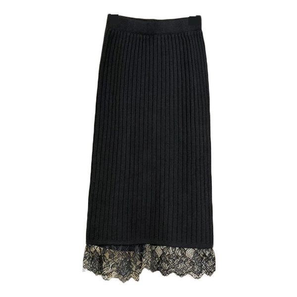 

skirts women knitted sweater skirt fashion stripe lace pencil high waist knitting bottoms elastic autumn warm casual winter, Black