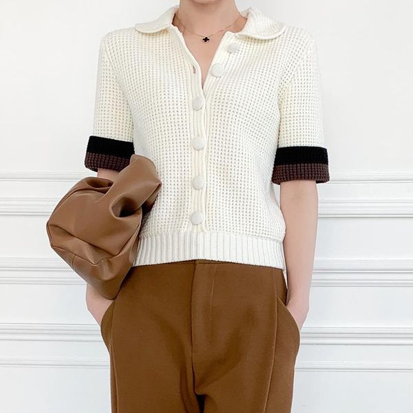 

women's knits & tees fashion hollow short-sleeved t-shirt ladies knit cardigan casual summer high-quality single-breasted brand, White