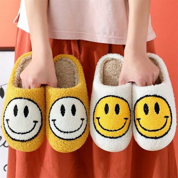 

smiley face slippers women autumn winter warm couple fluffy cotton home indoor non-slip thick-soled floor cartoon shoes 211224, Black