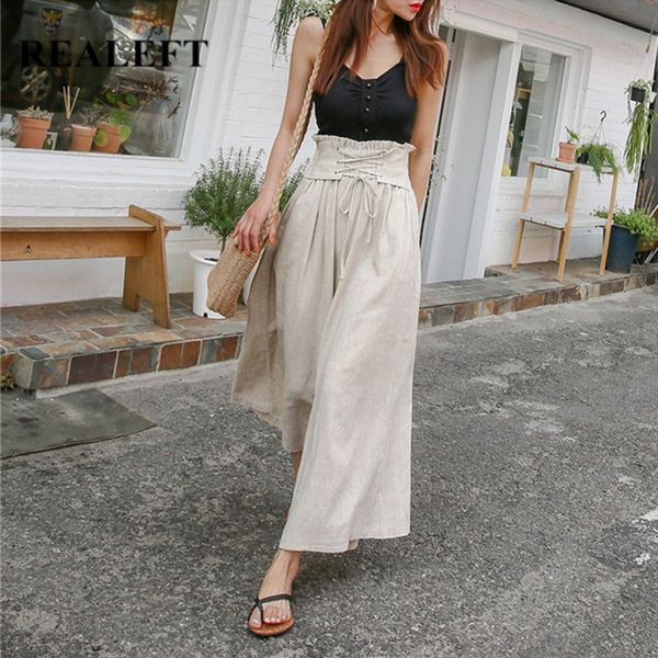 

cotton and linen women's pants bandage high waist wide leg trousers bohemian loose ankle-lengh female 210428, Black;white