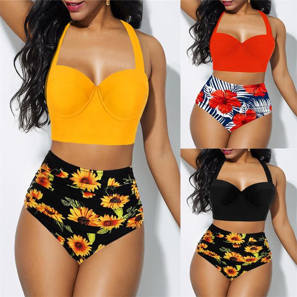 

2021 selling floral print split swimsuit, Red;black