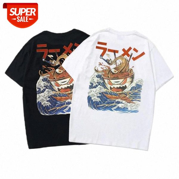 

couple creative ramen monster print cartoon casual loose japanese hong kong style short-sleeved t-shirt men #mc7r, White;black