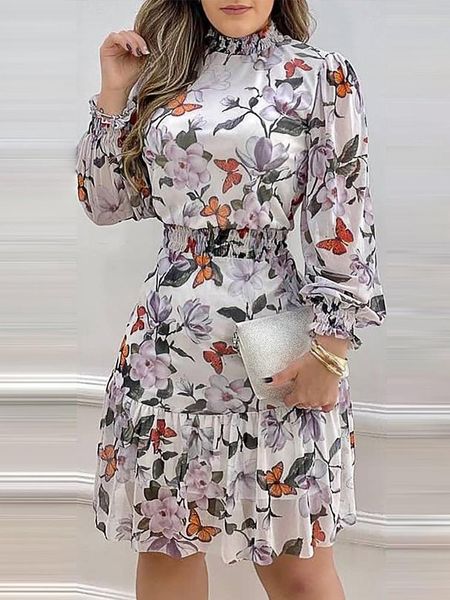 

casual dresses elegant party women dress y2ko-neck floral print a line lantern sleeve shirred ruffles midi vestidos, Black;gray