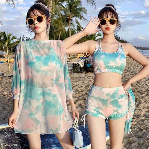 

3-pieces tie-dye beachwear bikini sets for women long sleeve sunscreen and bikini shorts swimsuit for swimming, White;black