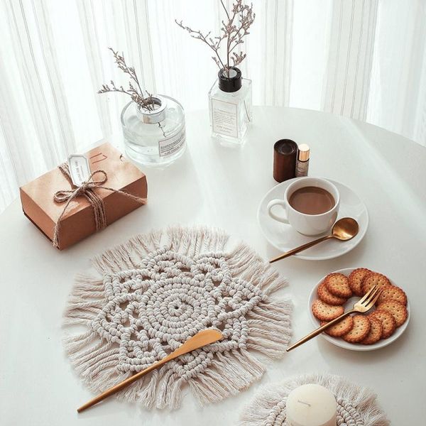 

northern europe macrame cup pad bohemia tablecloth table mat pure handmade cotton braid kitchen non-slip insulation mats & pads