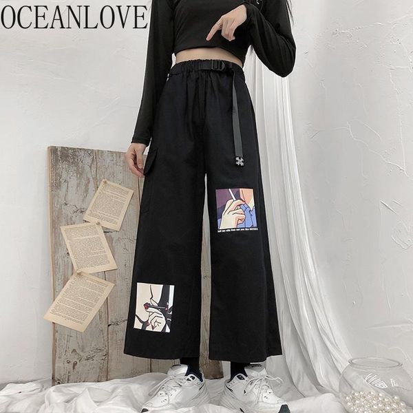 

women's pants & capris oceanlove harajuku prin cartoon women spring 2021 japan style ankle-length pantalon femme wide leg trousers loos, Black;white