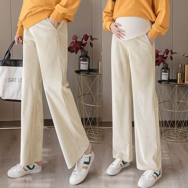 

winter corduroy maternity full long pants belly straight loose wide leg clothes for pregnant women pregnancy trousers bottoms, White