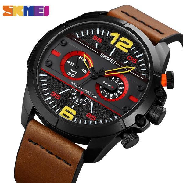 

wristwatches skmei japan quartz movement watches clock men genuine leather strap wristwatch waterproof reloj hombre 1846, Slivery;brown