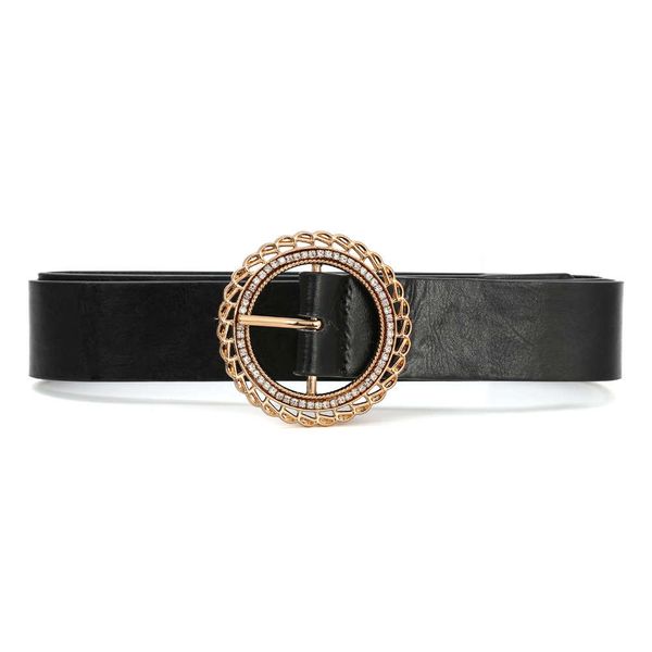 

belt exaggerated geometric round alloy inlaid diamond hollow metal pin buckle belt waist seal, Black;brown