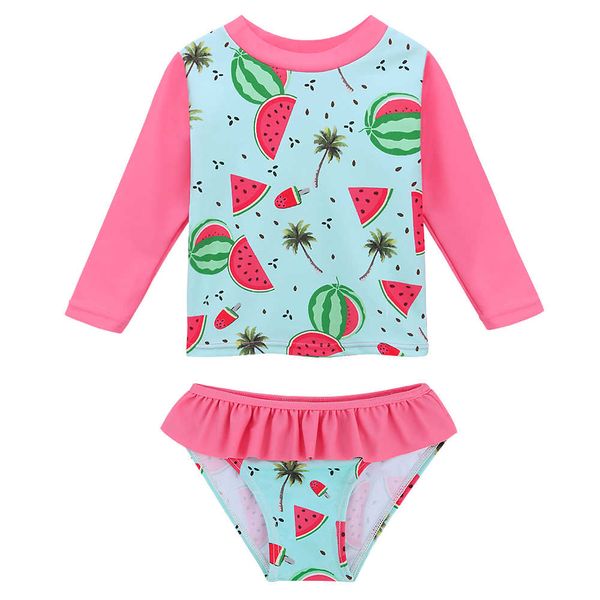 Baohulu Niedlicher Cartoon-Wassermelonen-Baby-Badeanzug für Mädchen, zweiteilig, Blumenmuster, für Kinder, lange UV-Kleinkind-Badebekleidung, Badeanzüge