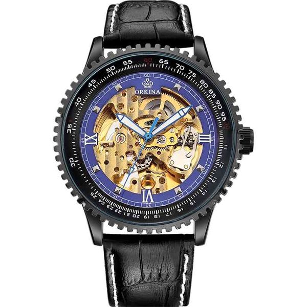 

orkina large dial skeleton automatic mechanical watches men black leather strap male wristwatches man clock relogio masculino 210707, Slivery;brown