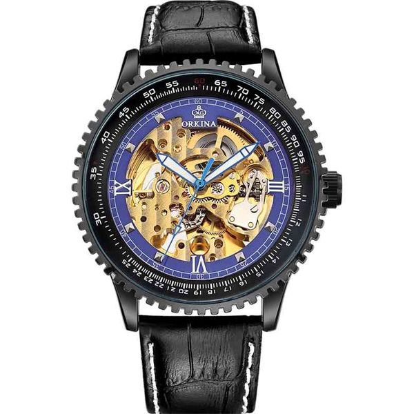 Orkina Grande Dial Skeleton Relógios Mecânicos Automáticos Homens Black Leather Strap Masculino relógio de pulso Homem Relogio Masculino 210707