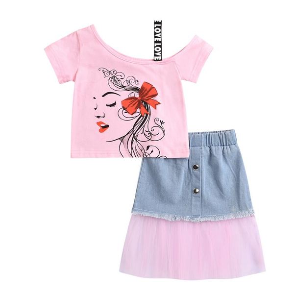 

baby girls clothes sets short sleece off shoulder t-shirt and tulle patchwork denim skirt fashion outfits 0-5y clothing, White
