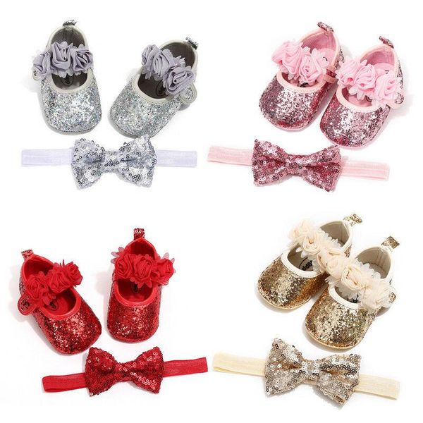 

first walkers cute born infant baby girls boys summer crib shoes sequined floral soft soled non-slip footwear walkers+headband 2pcs
