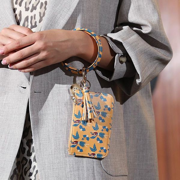 

card holders wristlet wallet bracelet keychain pocket holder women tassel keyring with charpstick key ring id for lady girls, Brown;gray