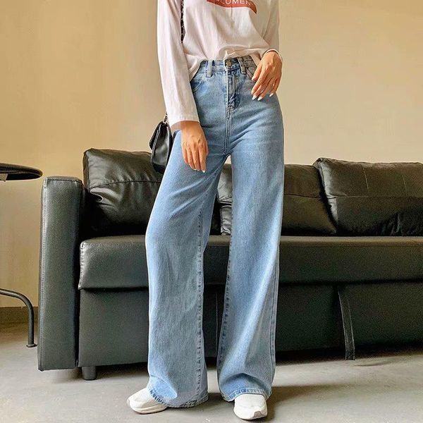 

women's jeans spring and autumn retro style high waist solid color wide leg women street slim straight ladies, Blue