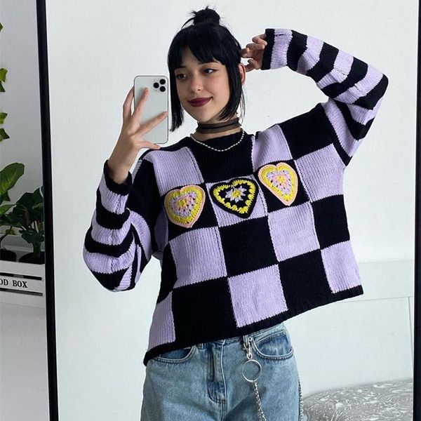 

women's sweaters 90s vintage grunge oversized pullovers kawaii heart pattern plaid knitted sweater autumn retro gothic jumpers women st, White;black