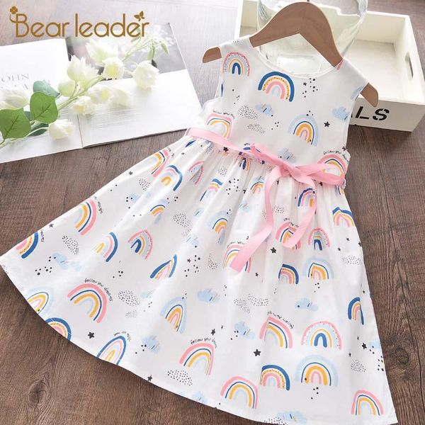 

bear leader girls cartoon rainbow pattern dresses summer kids casual princess costumes children sashes bowtie vestidos 3-8y girl's, Red;yellow