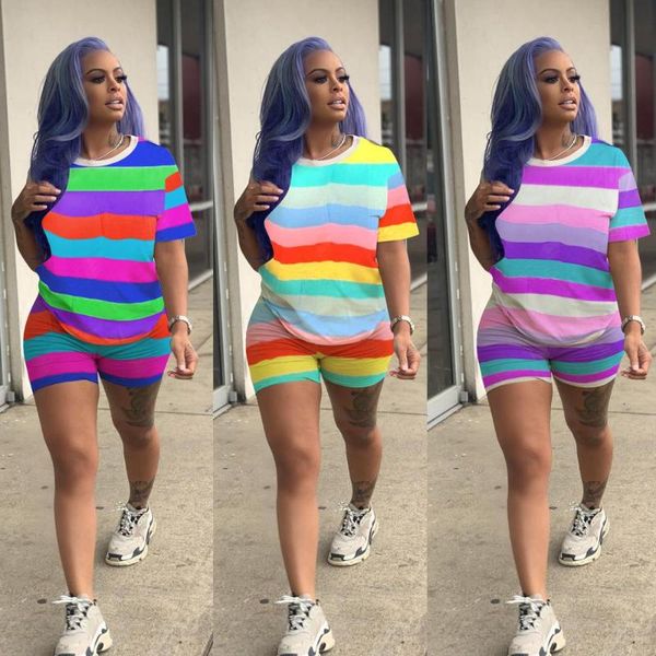 

women short set two piece summer 2021 runway fashion rainbow striped casual sport 2 tracksuit oufits clothing women's tracksuits, Gray