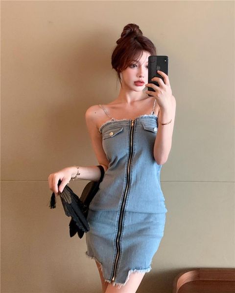 

casual dresses korea women strapless denim dress front zipper chains spaghetti short irregular fringed female robe kleid, Black;gray
