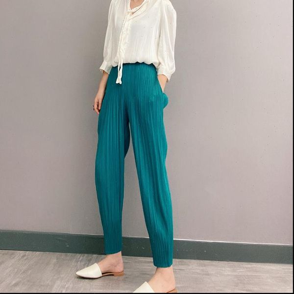 

autumn winter miyake pleated pencil womens capri korean aesthetic carrot black harem high waisted trousers, Black;white