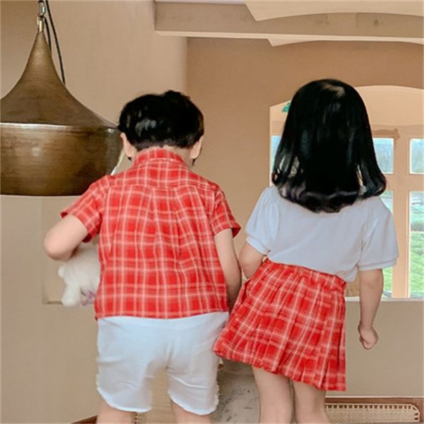 

2022 summer childrens shirt new short-sleeved boys plaid fashion trend shirt cute trendy childrens clothing, White;black
