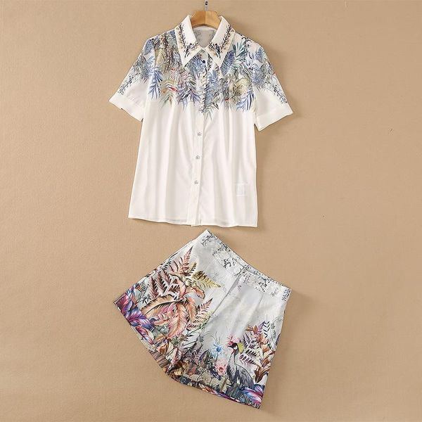 

women's tracksuits european and american wear for summer 2021 short sleeved bird print lapel shirt plant-printed shorts fashion suits, Gray
