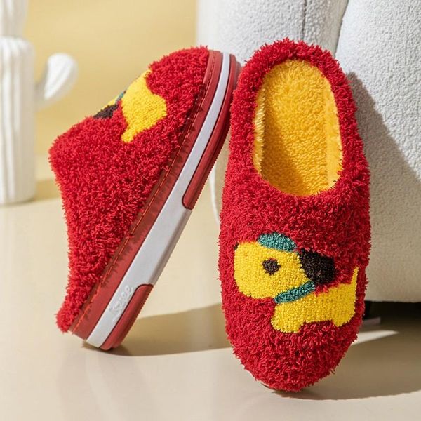 

slippers warm fluffy women winter cotton shoes cartoon dog 4cm thick sole furry non-slip plush faux fur indoor floor slides, Black