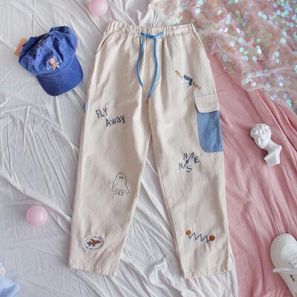 

spring autumn japanese women straight pants cartoon letter embroidery color matching cute overalls wild student girls women's & capris, Black;white