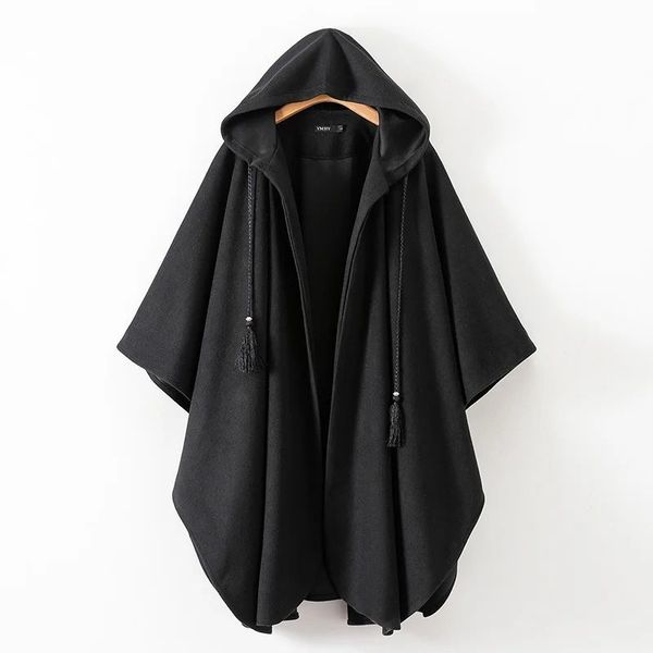 

coats autumn winter women poncho hooded drawstring oversized elegant cloak female warm high street gothic long cape coat, Tan;black