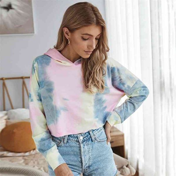 

korean sweatshirt women autumn summer fashion print tie-dye long sleeve knitted casual short hooded kawaii sweatshirts 210517, Black