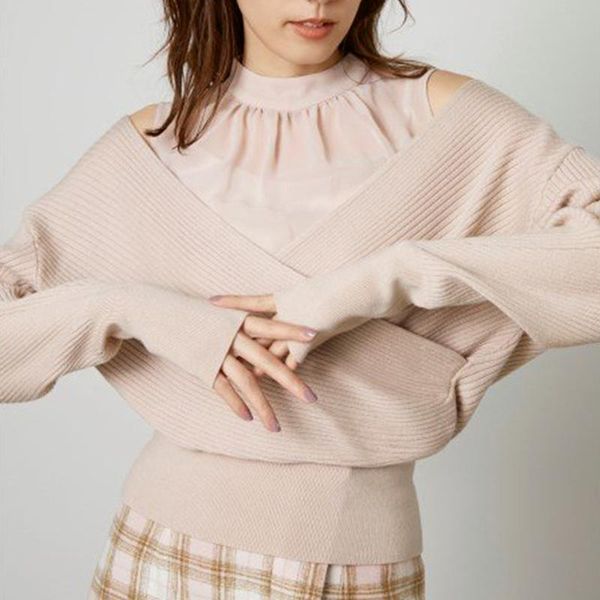 

women's sweaters off shoulder shirts patchwork sweater fake two short knitting pullover women japanese see-through cross v-neck, White;black