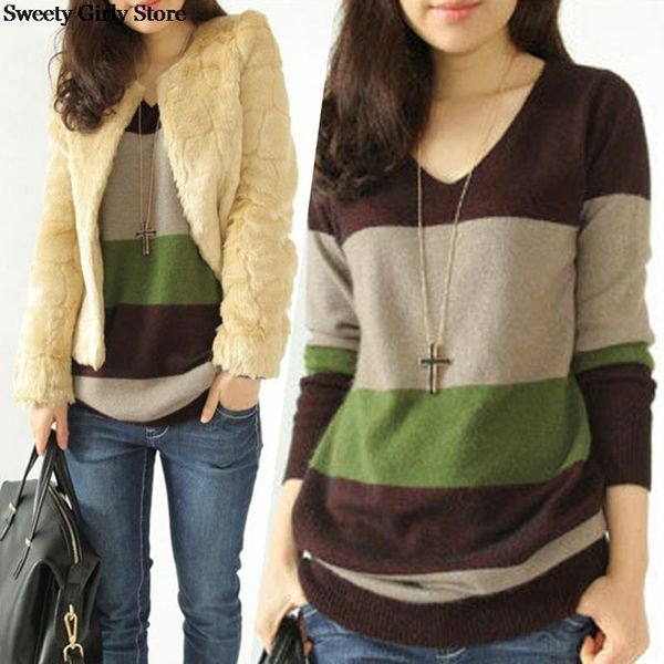 

women's sweaters winter knit striped print pullover women warm knitted sweater loose jumper knitwear female long sleeve clothings, White;black