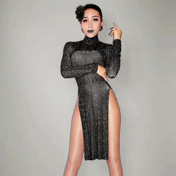 

casual dresses 2021 women full rhinestone do the splits dress party luxurious purple black long sleeves prom celebrate, Black;gray