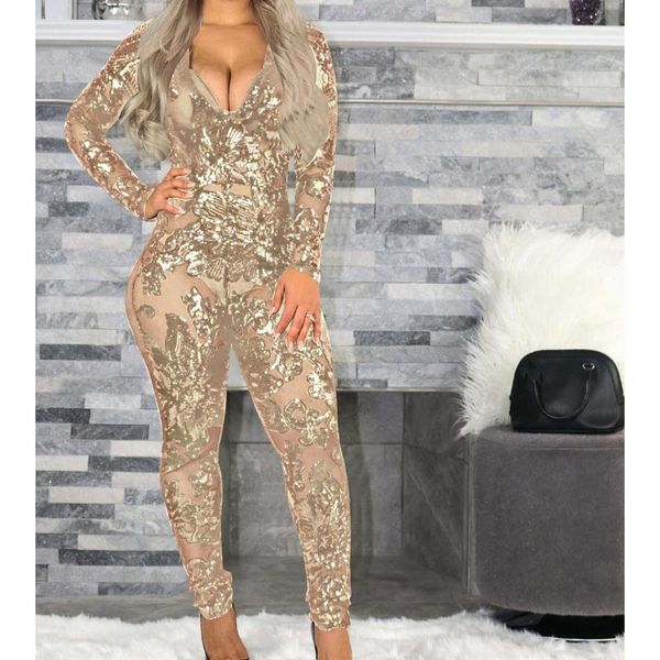 

women's jumpsuits & rompers women deep v neck see through sequin jumpsuit long sleeve bodycon club party plus size, Black;white