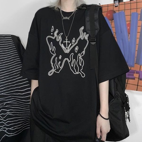 

women's t-shirt harajuku women t-shirts gothic summer short sleeve butterfly print plus size black punk drop vintage street clothes, White