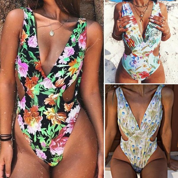 

women one piece floral brazilian one-piece suit backless swimsuit bathing push up monokini bikini swimwear suits