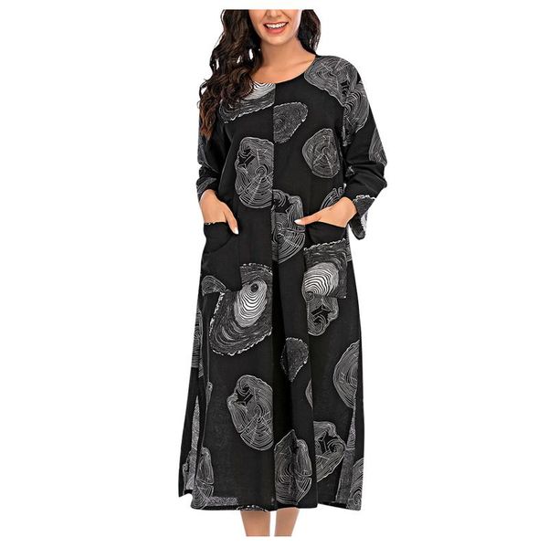

women's swimwear 2021 summer cotton linen beach dresses plus size fashion casual printed loose long sleeve o neck swing dress, White;black