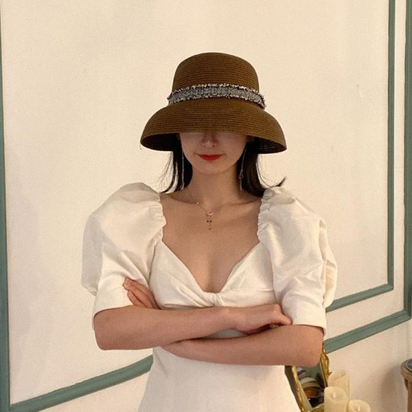 

wide brim hats designer handmade women summer sun hat coffee hepburn stylesmall-edge fisherman ribbontemperament flat straw uv cut foldable, Blue;gray