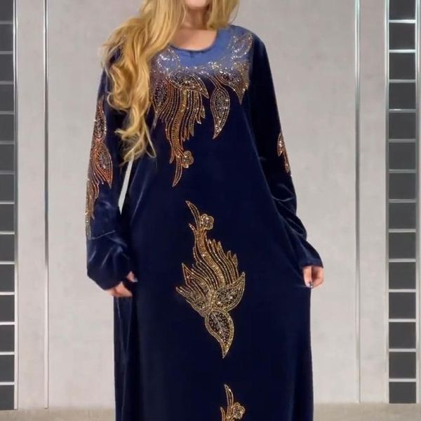 Ethnische Kleidung Plus Size Samt Abendkleider für Frauen 2021 Winter Langarm Kaftan Maxikleid Abaya Dubai Türkei Muslimisches afrikanisches Tuch