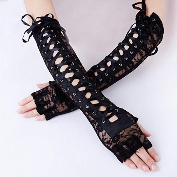 

five fingers gloves lace up half finger floral elbow length for party prom punk fingerless, Blue;gray