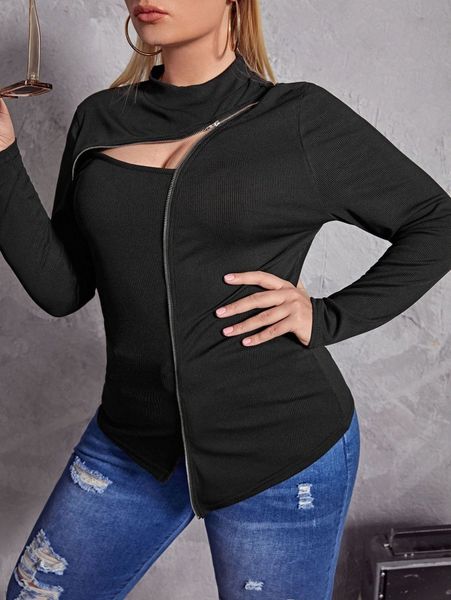 

plus asymmetrical zipper cut out mock neck tee g7sd#, Black