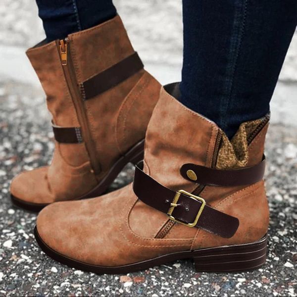 

boots retro pu leather knight belt buckle rivet mid heel woman short cool motorcycle vintage shoes ladies, Black