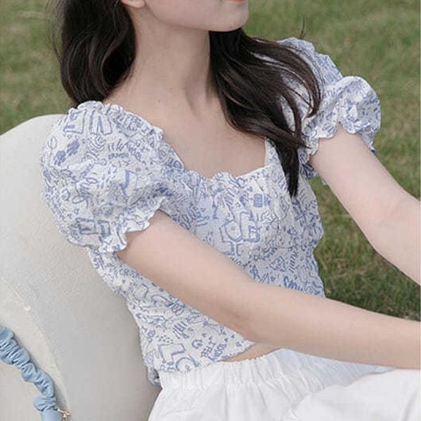 

women's blouses & shirts backless beach sweet casual blouse women bubble sleeve designer party t-shirt high street summer clothes korea, White