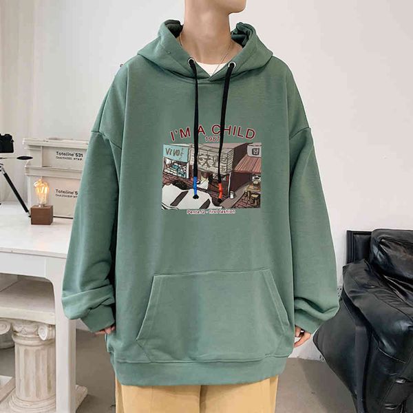 

men's large long sleeve hooded printed sweater coat version leisure fashion, Black