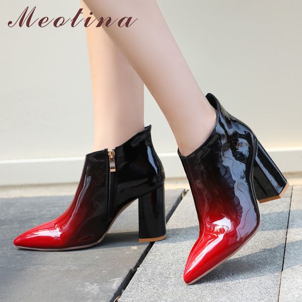Outono botas de tornozelo mulheres misturadas cores bloco salto curto zíper extremo sapatos high shoes vermelho azul tamanho grande 43 210517