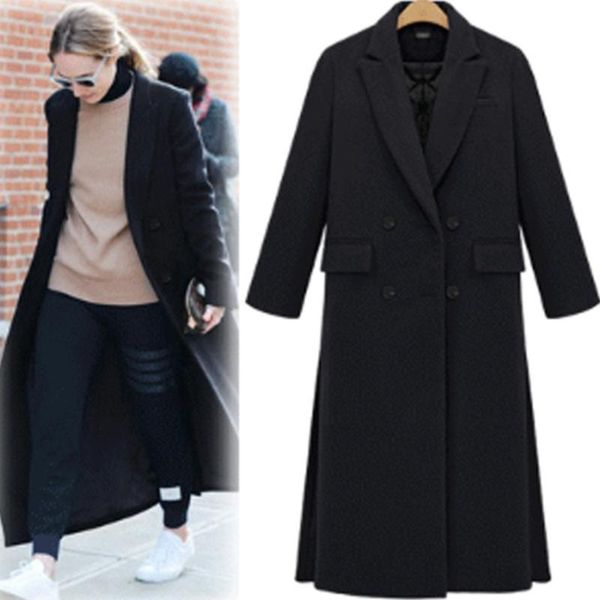 

women's wool & blends 5 colors fashion simple side slit double-breasted plus cotton warm cashmere coats for women 2021 solid long coat, Black