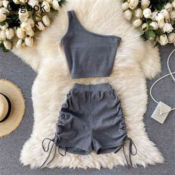 

women two piece set summer outdoor casual simple fashion korean suits skew collar short shirt + sloid wild 210531, White