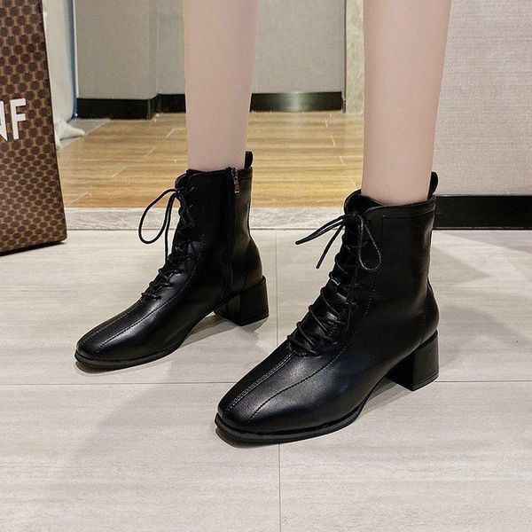 

boots 2021 autumn womens casual lace-up ankle ladies british motorcycle bottes non-slip female botas de mujer, Black